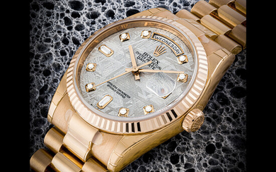 ROLEX. AN 18K PINK GOLD AND DIAMOND-SET AUTOMATIC WRISTWATCH WITH SWEEP CENTRE SECONDS, DAY, DATE, BRACELET AND METEORITE DIAL DAY-DATE MODEL, REF. 118235, CIRCA 2005