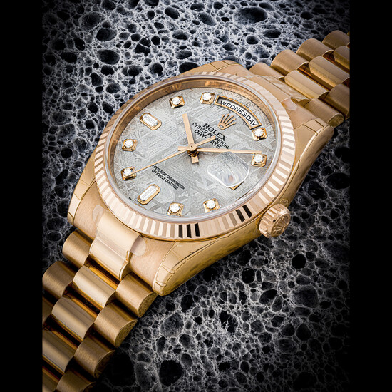 ROLEX. AN 18K PINK GOLD AND DIAMOND-SET AUTOMATIC WRISTWATCH WITH SWEEP CENTRE SECONDS, DAY, DATE, BRACELET AND METEORITE DIAL DAY-DATE MODEL, REF. 118235, CIRCA 2005