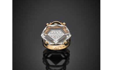 ROSATO Hexagonal hyaline quartz hiding a small diamond pavé pink gold ring, g 9.75 size 14/54.Read more