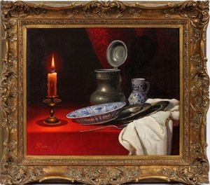 RUGE OIL ON CANVAS 19 24 STILL LIFE OF CANDLE DISHES