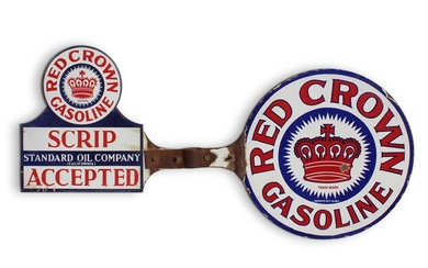 Red Crown Gasoline Scrip Accepted Double-Sided Porcelain Paddle Sign