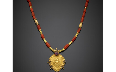 Red orange coral and yellow gold ethnic necklace, centered by a purplish red gem, g 10.96, length cm 41.20 circa.Read more