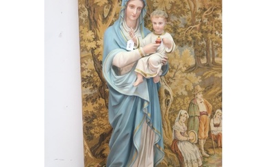 Religious painted plaster statue of Mary with baby Jesus, re...