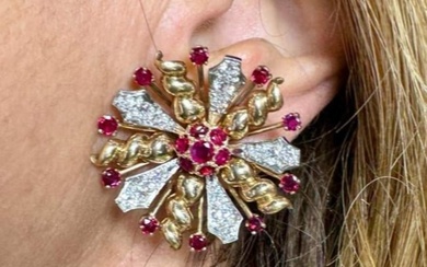 Retro 14K Yellow Gold Burma Ruby & Diamond Earrings