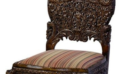 Richard Himmel Carved Burmese Upholstered Side Chair