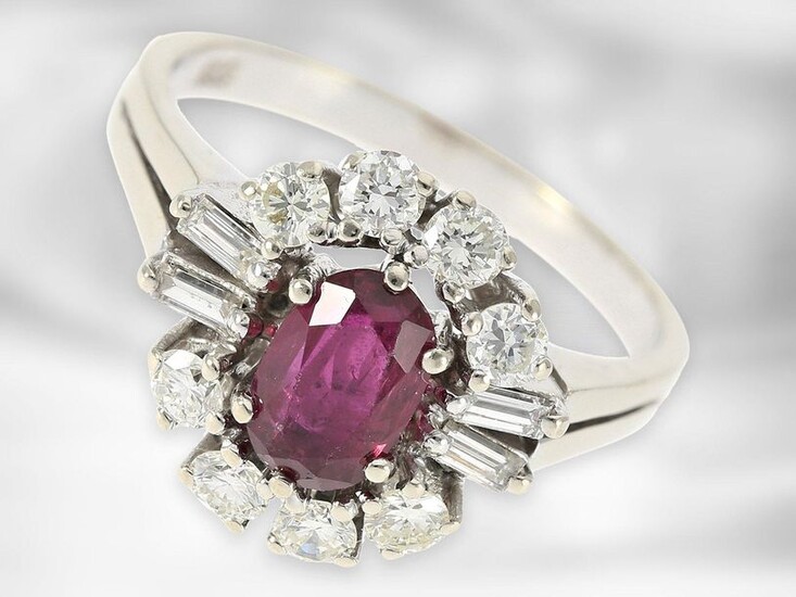 Ring: beautiful vintage ruby ring with diamonds, total ca. 1,6ct, 14K white gold