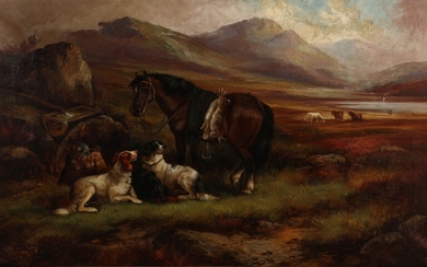 Robert Cleminson: A game hunters campsite. Signed R. Cleminson. Oil on canvas. 76.5×127 cm.