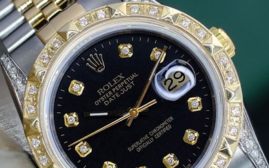 Rolex Mens Datejust Gold & Steel Black Dial Diamond Bezel...