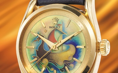Rolex, Ref. 6102 A spectacular, extremely rare and well preserved yellow gold wristwatch with cloisonné enamel dial depicting a caravel and original Bucherer certificate