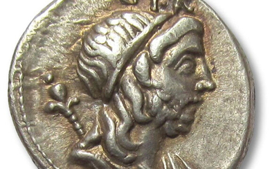 Roman Republic. Cn. Cornelius Lentulus. Silver Denarius,Spanish mint 76-75 B.C. - beautiful toning, misstrike/doublestrike on reverse