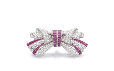 Ruby and diamond double-clip brooch