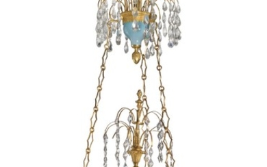 Russia, late 19th century: A Russian gilt bronze and turquoise glass chandelier with nine candleholders in two levels with prisms. H. 98 cm. Diam. 68 cm.