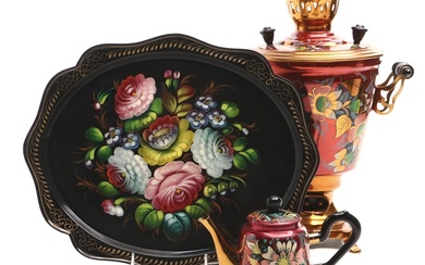 Russian Enameled Samovar with Toleware Hand-Painted Tray, Mid to Late 20th C.