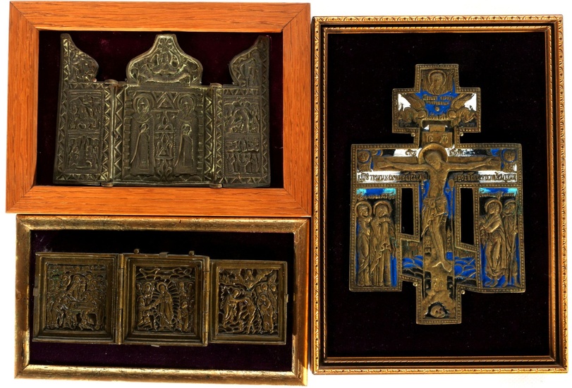 Russland 3 Ikonen - Bronze Triptycha und Segenskreuz 19. Jahrhundert, russian bronze travel icons /...