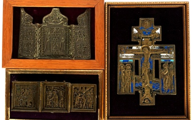 Russland 3 Ikonen - Bronze Triptycha und Segenskreuz 19. Jahrhundert, russian bronze travel icons /...