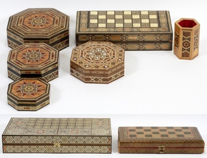 SADEF WOOD AND MOTHER OF PEARL BACKGAMMON BOARDS AND ACCESSORIES 8