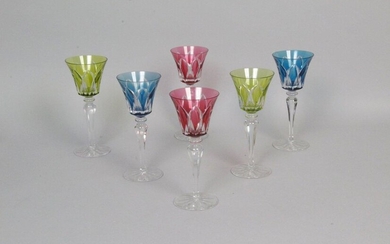 SAINT LOUIS, model Camargue SIX WINE GLASSES OF RHINE of yellow, red, blue color. High. : 21 cm