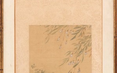 SCROLL PAINTING ON SILK Depicts a fan-tailed carp and seagrasses beneath a flowering tree. Marked with seal marks. 9.75" x 7.5". Fra...