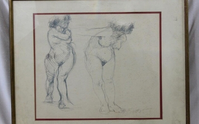 SIGNED PENCIL DRAWING OF TWO NAKED WOMEN
