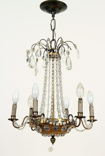 SIX ARM BRONZE AND CRYSTAL CHANDELIER C.1940