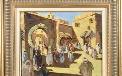 SOUMIAT. « Scène orientaliste dans la Médina ». Huile sur panneau. H.34 L.40.