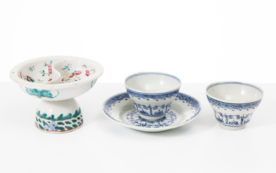 STEMCUP, COPPER, one of which with saucer, porcelain, China, 17th/19th century, decor in enamel colours and underglaze blue.