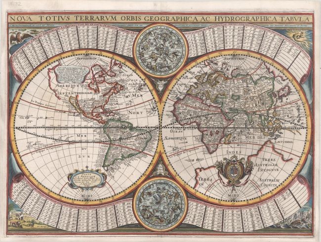 Scarce World Map with Unusual Decorative Elements, "Nova Totius Terrarum Orbis Geographica ac Hydrographica Tabula", Sonnius, Jean