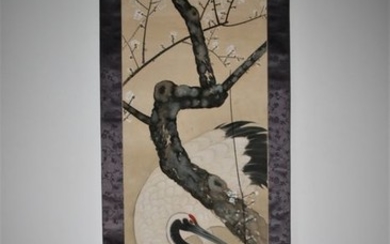 Scroll - Silk - Crane on a Ume Tree - By Sawai Hakuo 沢井白陽 (?-?) - With signature and seal 'Hakuyo' 白陽 - Japan - ca 1930-40s (Early Showa period)