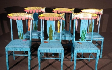 Set of Six Tom Dolan Painted and Decorated Wood 'Speckled Fish' Side Chairs