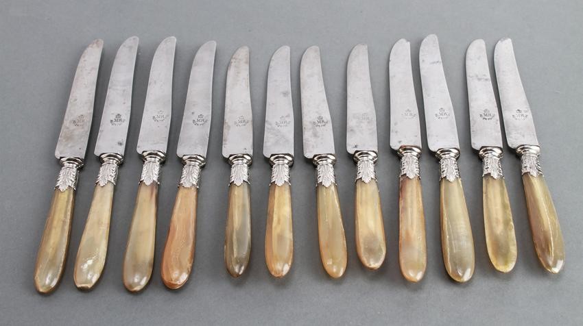 Set of Twelve French Knives with Horn Handles