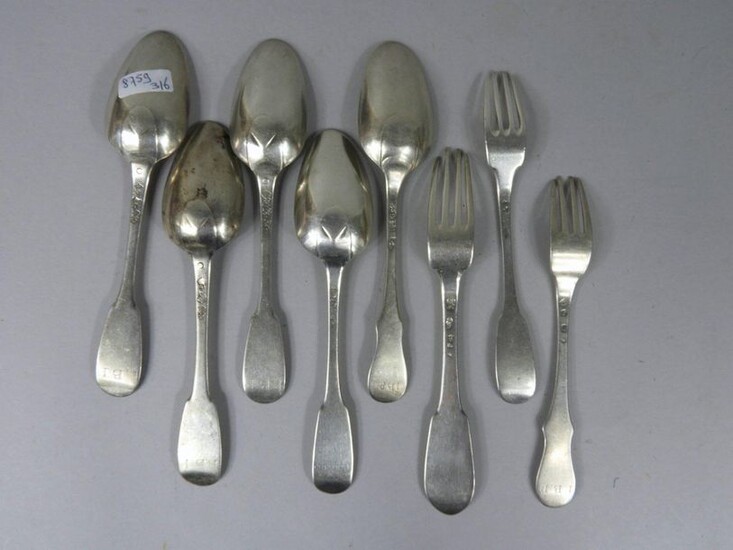 Set of five silver spoons and three forks XVIIIth century, single flat model, weight : 460gr