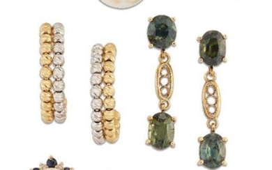 Seven pairs of earrings, including: a pair of black opal single stone earstuds; pair of green sapphire drops; pair of small diamond cluster studs; pair of cultured pearl and sapphire cluster studs; two pairs of hoop earrings; and a pair of...