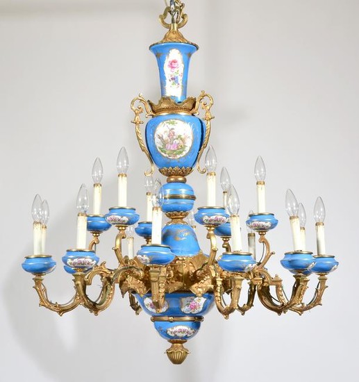 Sevres style porcelain and bronze 18-light chandelier