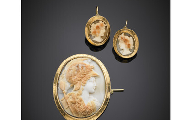 Shell cameo jewellery set comprising brooch and earrings with warrior and females profiles, all yellow gold bound, in all g…Read more