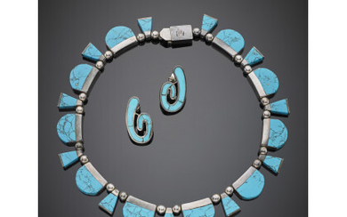 Silver and turquoise jewellery set comprising a necklace and earrings of geometric design, g 138.64, length cm 42 circa.Read more