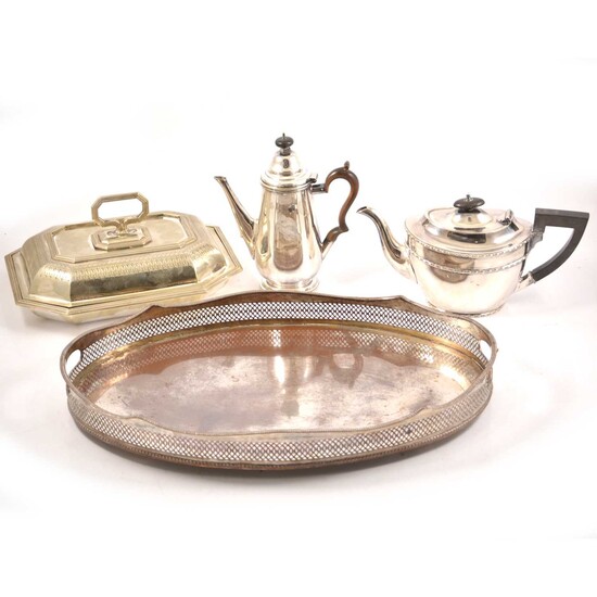 Silver-plated wares, including entrée dish, tea pot, gallery tray, etc, (one box).
