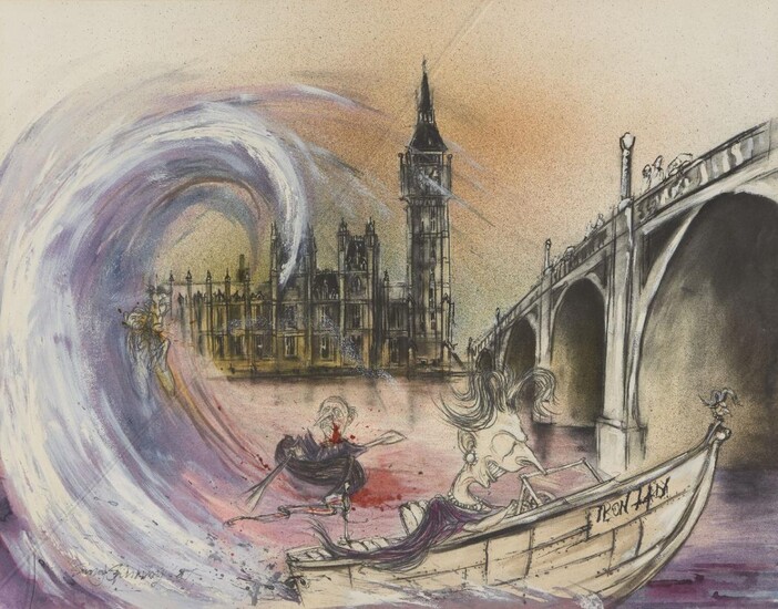 Simon Spilsbury, British b.1963 - Iron Lady on the Thames, 1987; pen and black ink and watercolour, signed and dated lower left 'Simon Spilsbury 87', 55.3 x 71 cm (ARR)