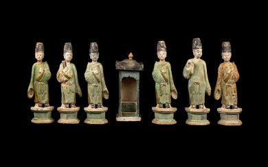 Six Chinese Sancai Glazed and Painted Pottery Figures