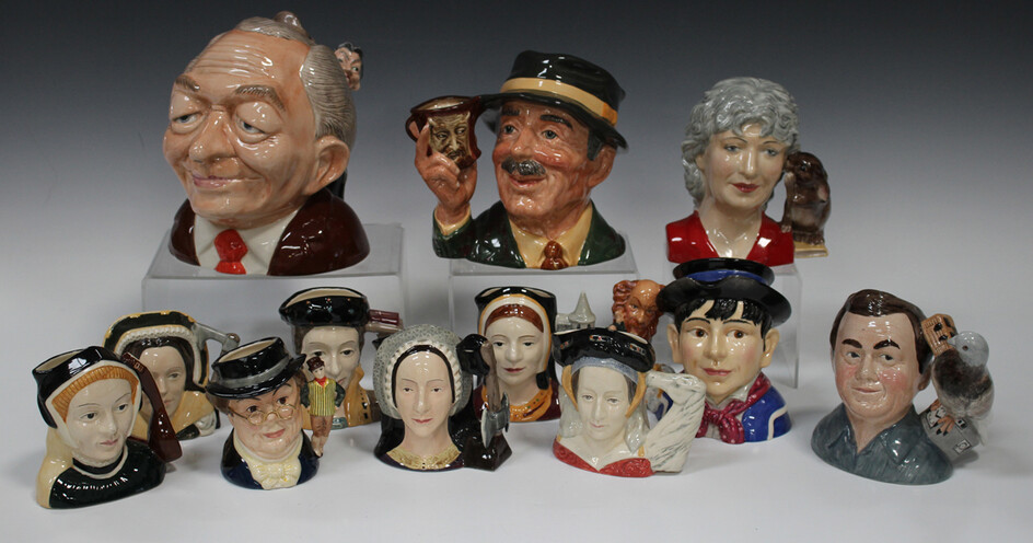 Six small Royal Doulton character jugs representing Henry VIII's six wives, three other Royal D