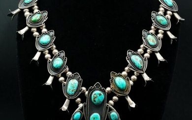Solid Sterling & Turquoise Squash Blossom Necklace