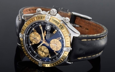 Stainless steel Breitling "Fighters", Special Edition, chronometer/chronograph, automatic, hours, minute, small seconds, pressure back, dial with tachymeter scale, case no. D13352, black metal dial with luminous indices, black leather strap...
