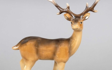 Standing stag, Hutschenreuther, 20th century, brown painted, h. 25 cm
