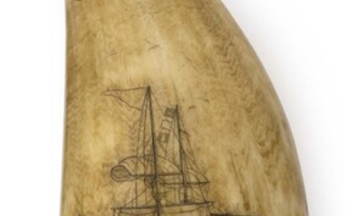 LARGE SCRIMSHAW WHALE'S TOOTH WITH SHIP PORTRAITS 19th...