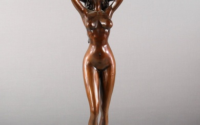 Statuette en bronze, moderne, nu féminin debout avec cheveux longs, patine brune, H. 55 cm