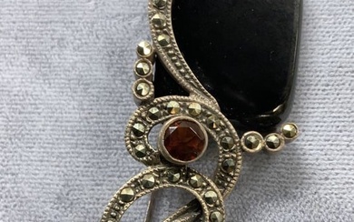 Sterling Silver Antique Marcasite Onyx Brooch
