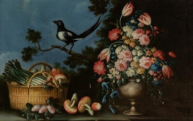 Manner of Abraham Brueghel Summer: Still Life with Flowers and Vegetables on a Ledge, a Magpie on a