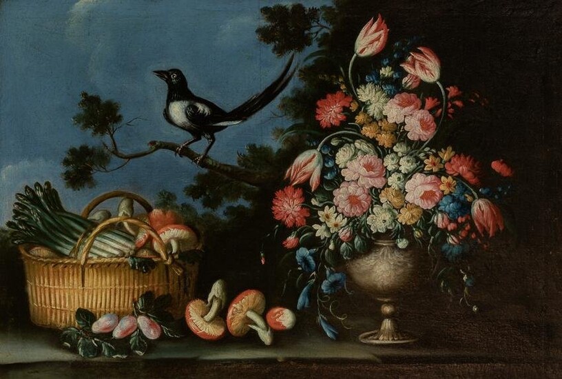 Manner of Abraham Brueghel Summer: Still Life with Flowers and Vegetables on a Ledge, a Magpie on a