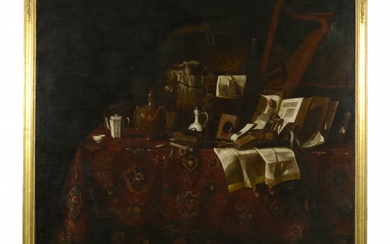 Still life with carpet, porcelain, books and "memento mori"-Pseudo-Roestraten, Attrib. (b. c.1700)