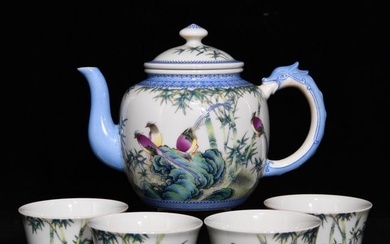 Superb A Set Chinese Famille Rose Bird & Bamboo Porcelain Teapot,Cup