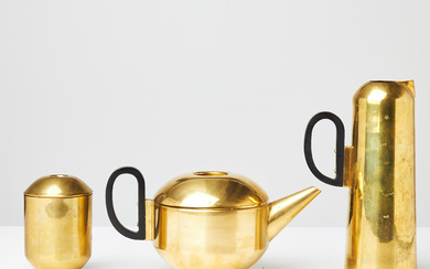 TOM DIXON. 3 pieces, teapot, teapot and decanter, Eclectic, Contemporary, Brass and Bakelite.
